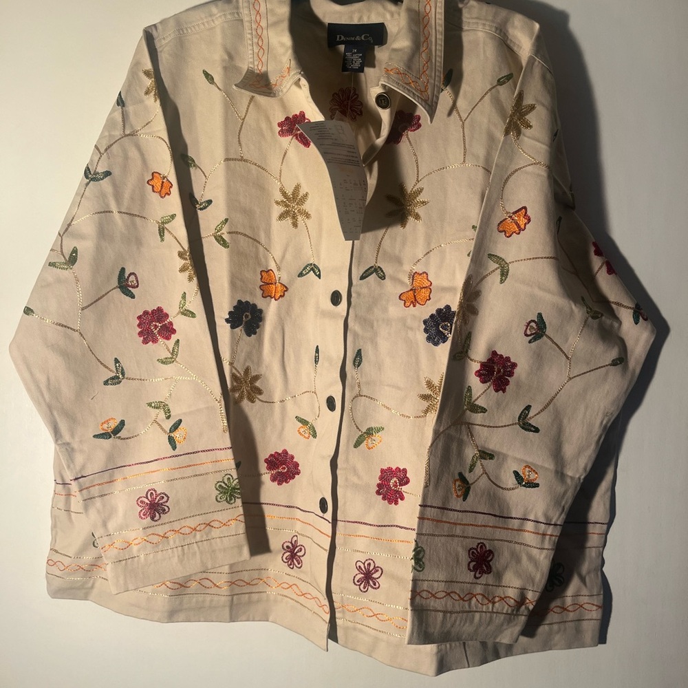 Women's Denim and Co Button Down Flower Top 2X